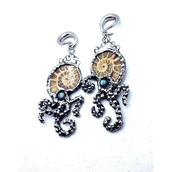 Ammonite and Labradorite Tentacle Ear Weights - Handmade earrings stretched ears - Picture 1 of 12